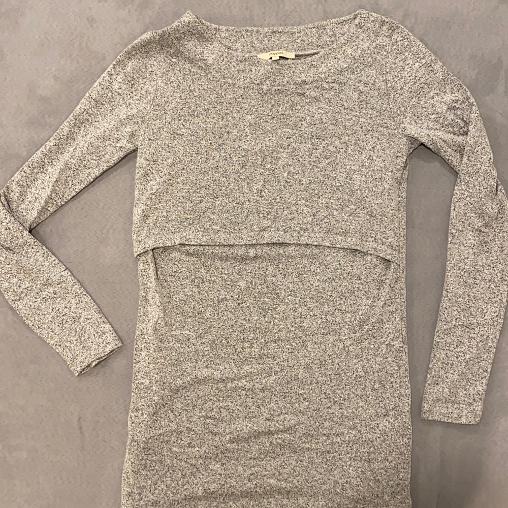 Noppies maternity/nursing heathered grey long line sweater, size small
